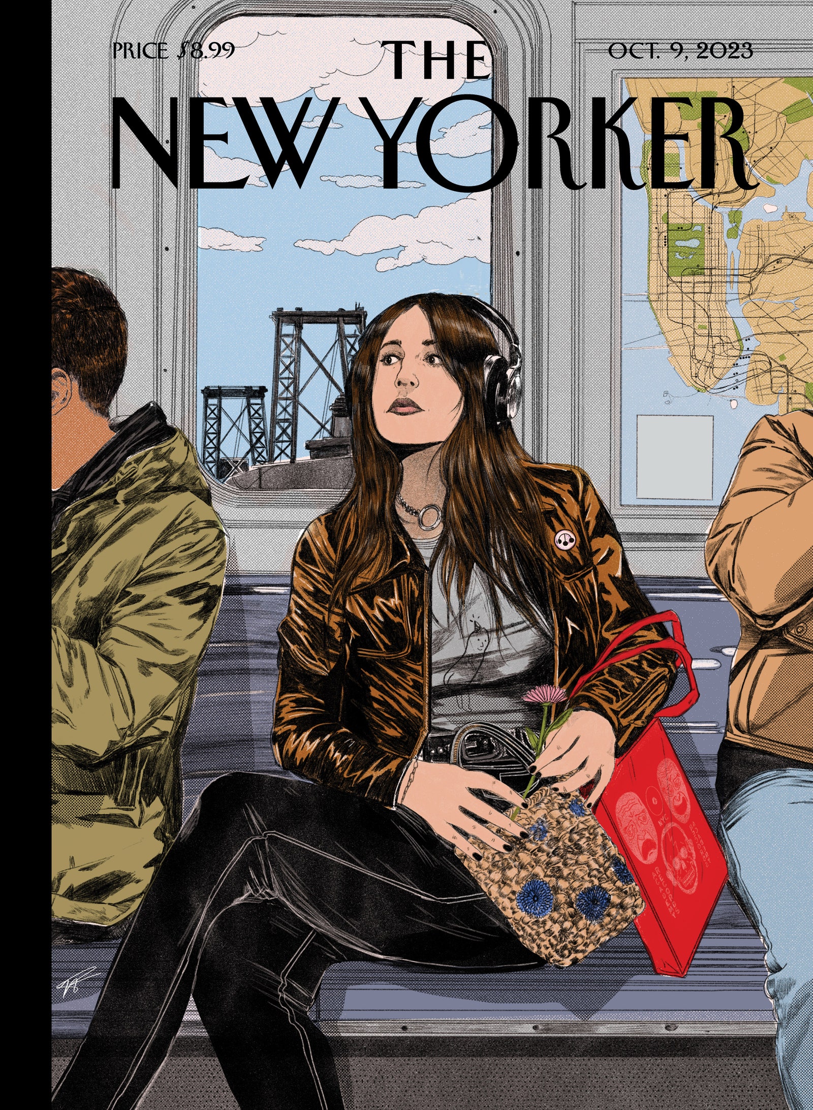 A woman wears headphones and rides the subway.