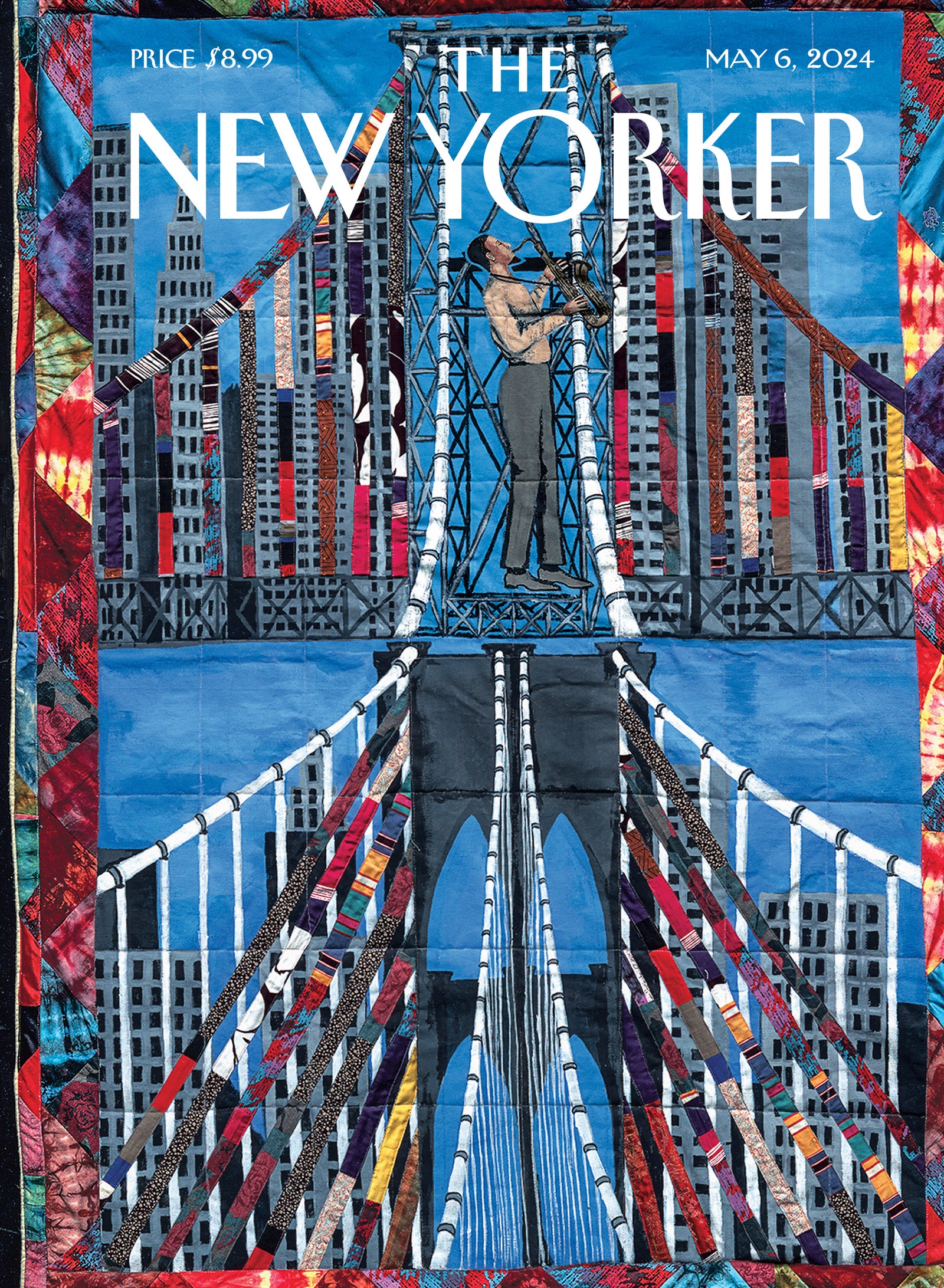 A quilted image in which Sonny Rollins plays the saxophone on a bridge.