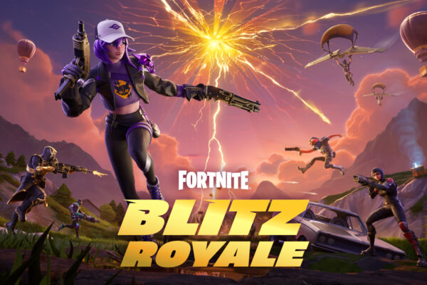 A character in a purple hat runs while battling across a dusky map. There