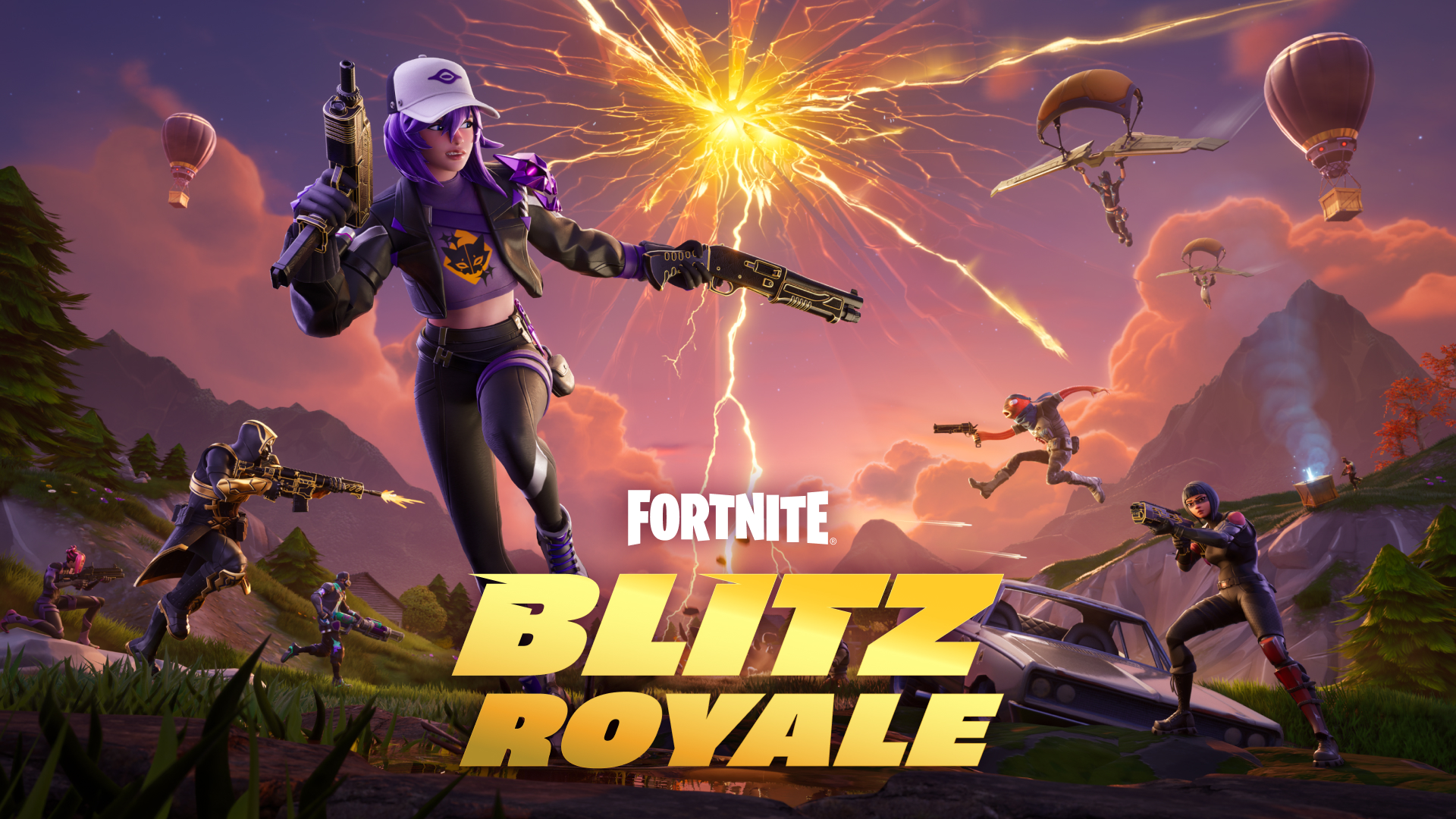 A character in a purple hat runs while battling across a dusky map. There
