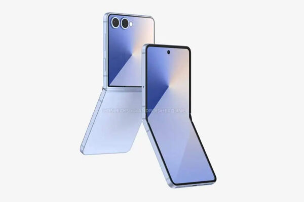 A render apparently showing the Samsung Galaxy Z Flip 7, with a full-width cover display
