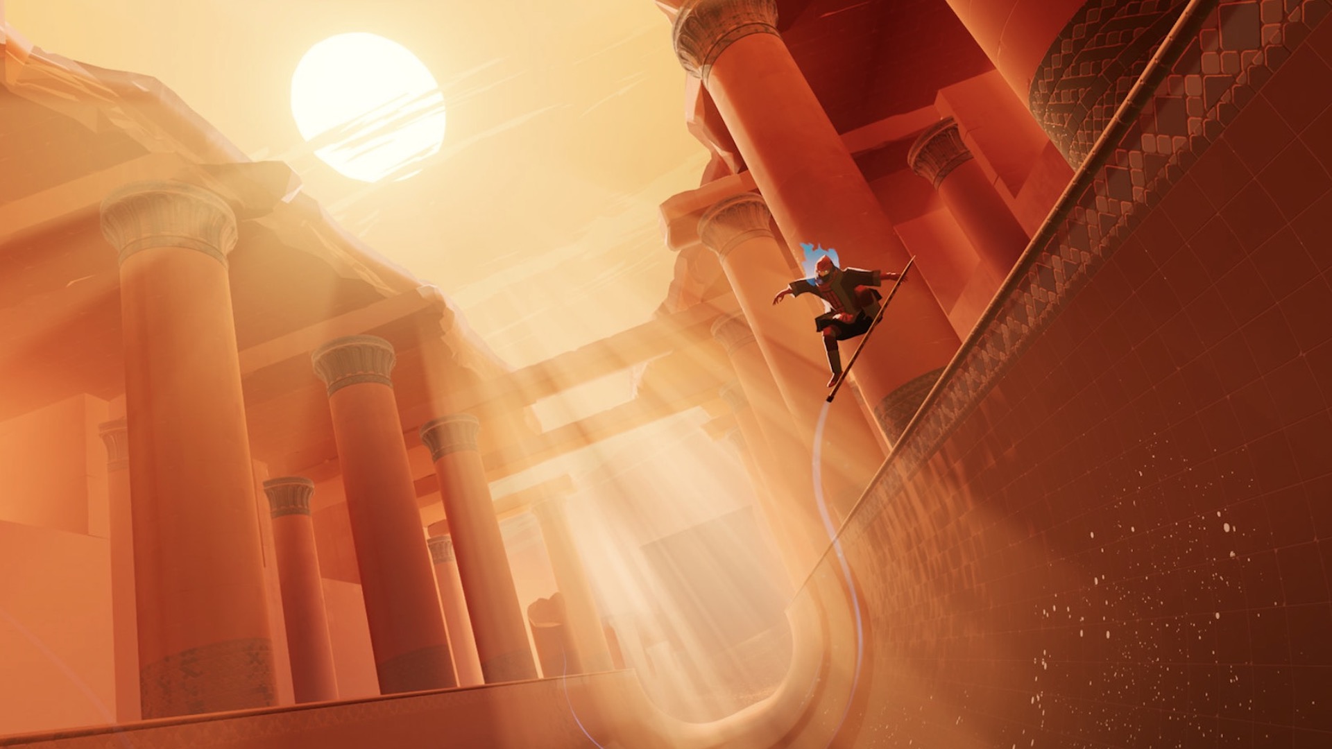 A character skates through dunes