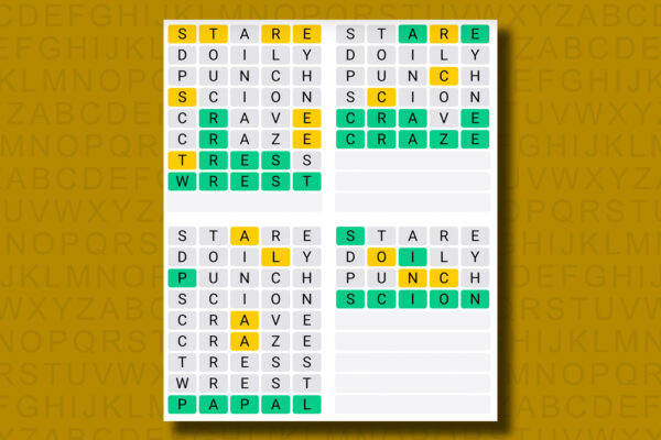 Quordle answers for game 1245 on a yellow background