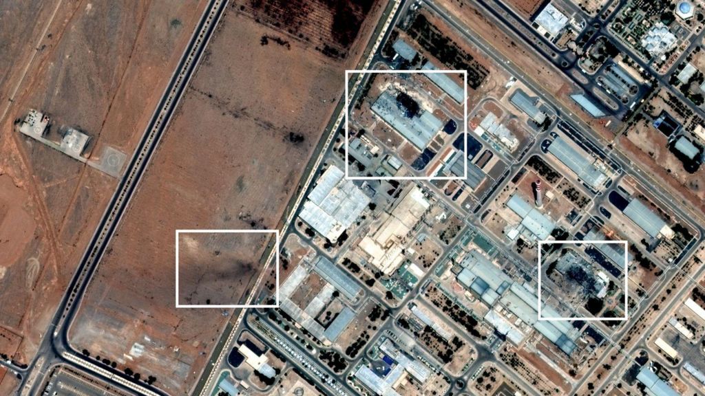 Satellite imagery showing visible damage to structures at Isfahan