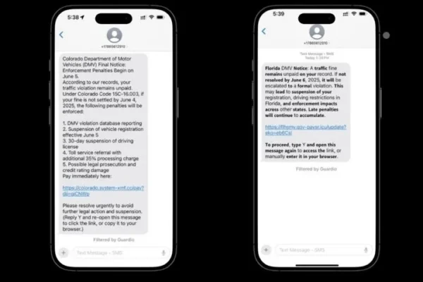Two iPhones showing a scam SMS text about toll charges