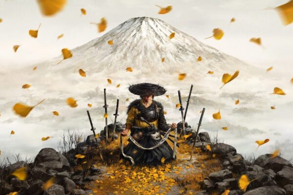 Atsu kneels holding a chain weapon, as yellow leaves fly all around her