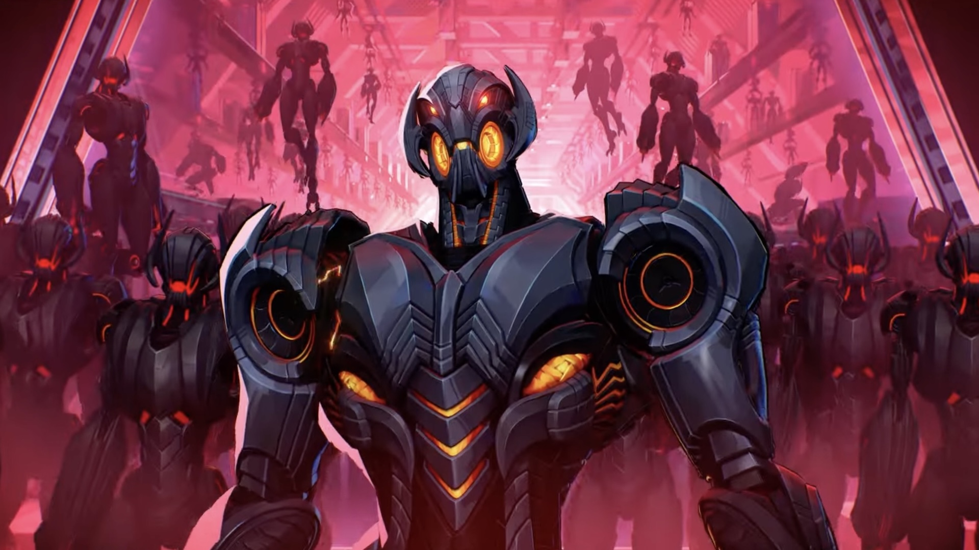 Ultron stands with his back to hundreds of Ultron bots
