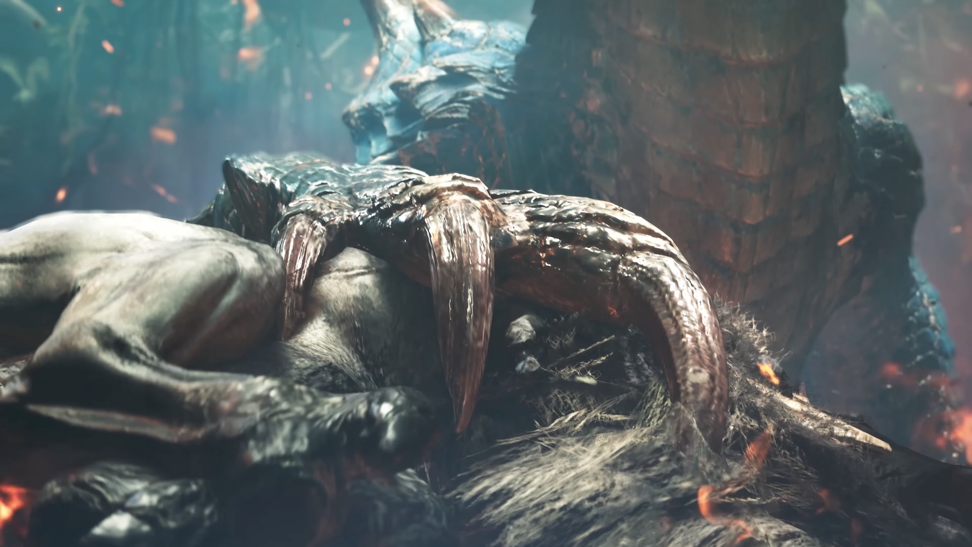 A green claw wraps around the carcass of a monster