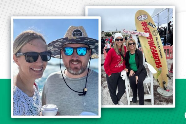Side-by-side photos of Emily with her husband outdoors and her mom at a Surfing Santa beach event.