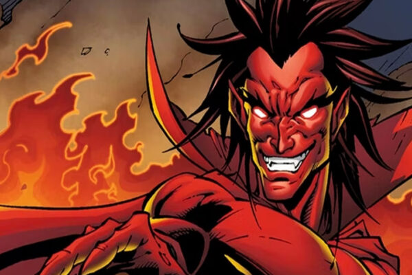 A smiling Mephisto stands in front of a raging fire in Hell in a screenshot from a Marvel comic book