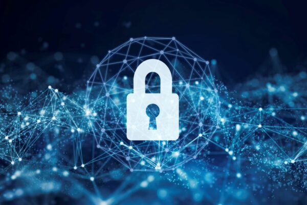 Security padlock in circuit board, digital encryption concept