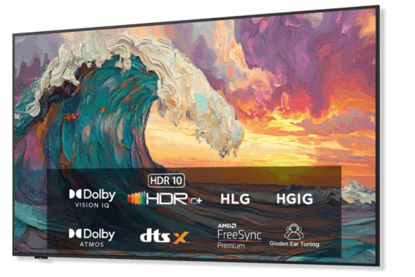 iFFALCON Mural TV product shot with an overlay showing key supported HDR and audio formats
