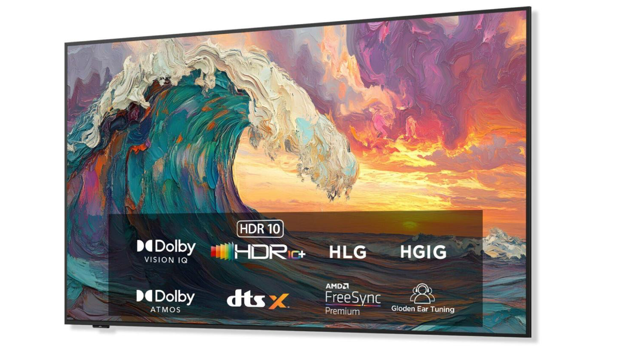iFFALCON Mural TV product shot with an overlay showing key supported HDR and audio formats