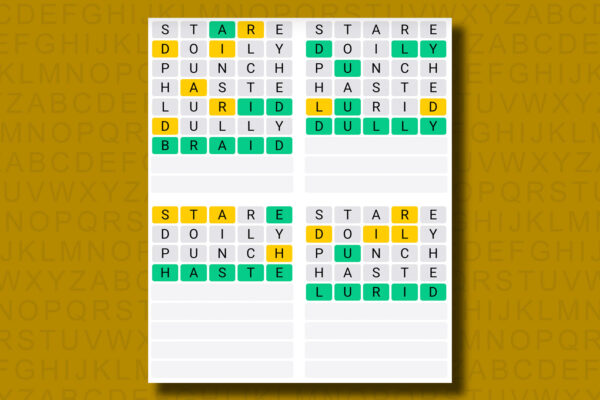 Quordle answers for game 1243 on a yellow background