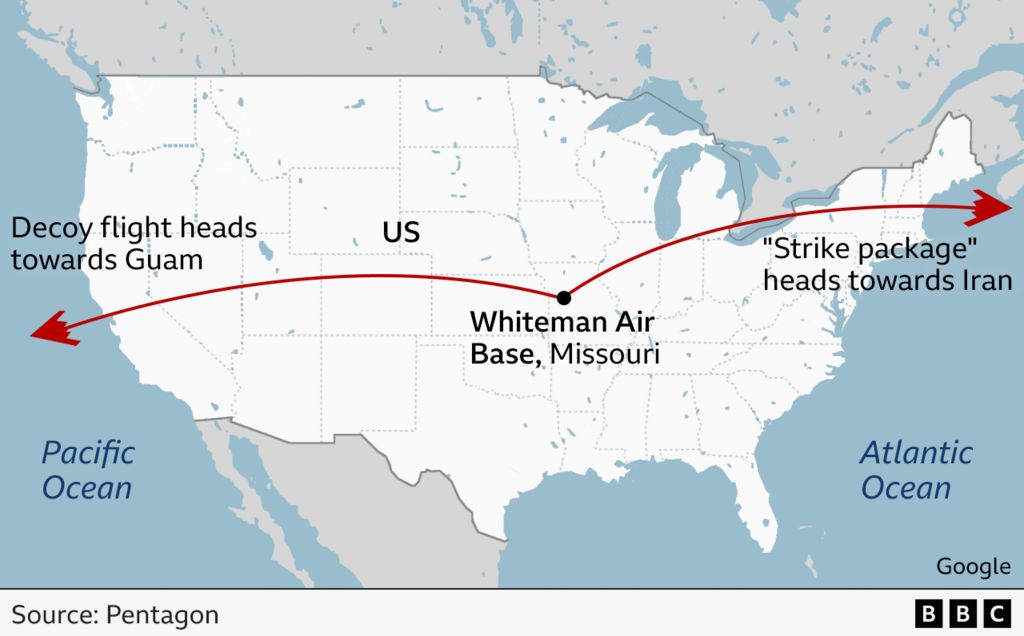 A map of the US showing that at the same time the strike package of B-2s took off from Whiteman Air Base in Missouri, another team of B-2s set off in the opposite direction on a decoy mission.