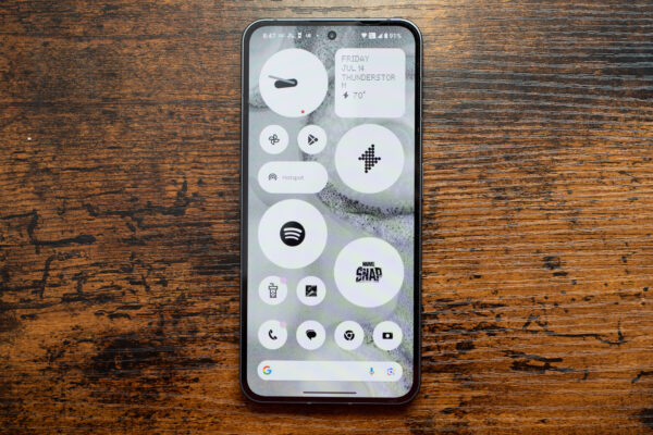 Nothing Phone 2 home screen in monochrome with large and small app icons