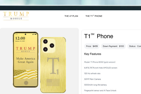 A laptop screen showing the specs page for the Trump T1 Phone