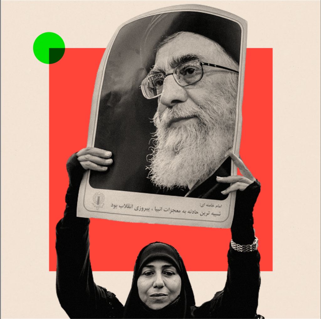 A woman holds up a poster of Iran