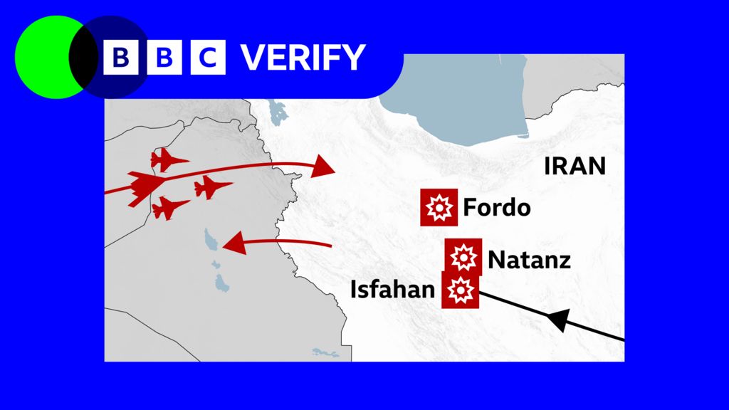A branded graphic from BBC Verify showing a map of Iran and neighbouring countries, and the route taken by US planes from the west before striking three Iranian nuclear sites at Isfahan, Natanz and Fordo. It also shows how US missiles were fired from the east at Isfahan.