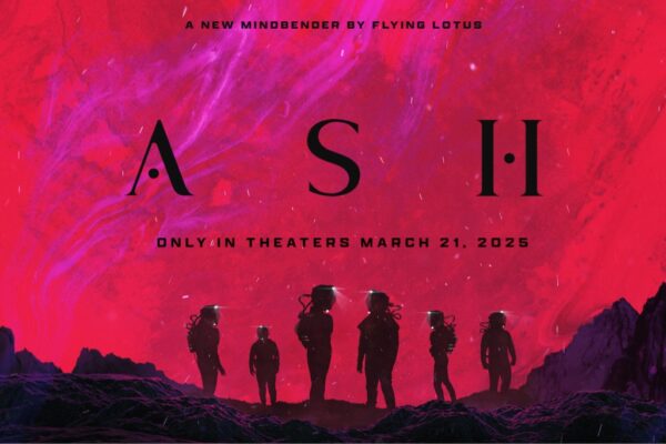 movie promo art with six astronauts and a purple-red planet