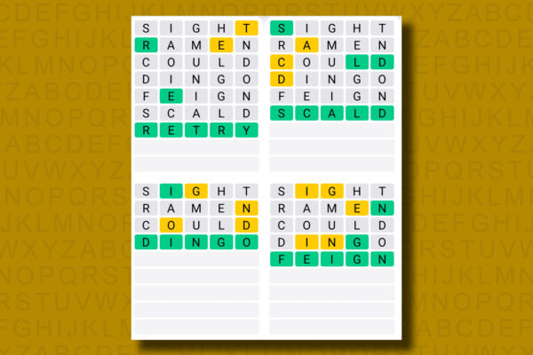 Quordle answers for game 1239 on a yellow background