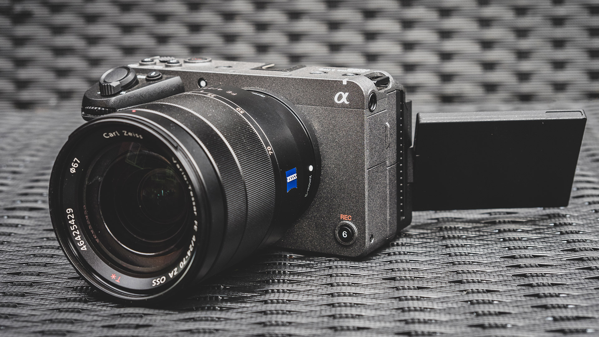 Sony FX30 Cinema Line camera from front, showing flip-out screen