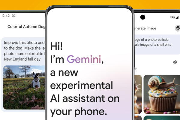 Three Android phones on an orange background showing the Google Gemini Android app