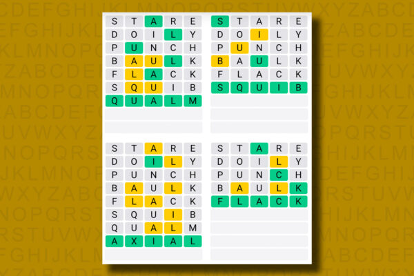 Quordle answers for game 1247 on a yellow background