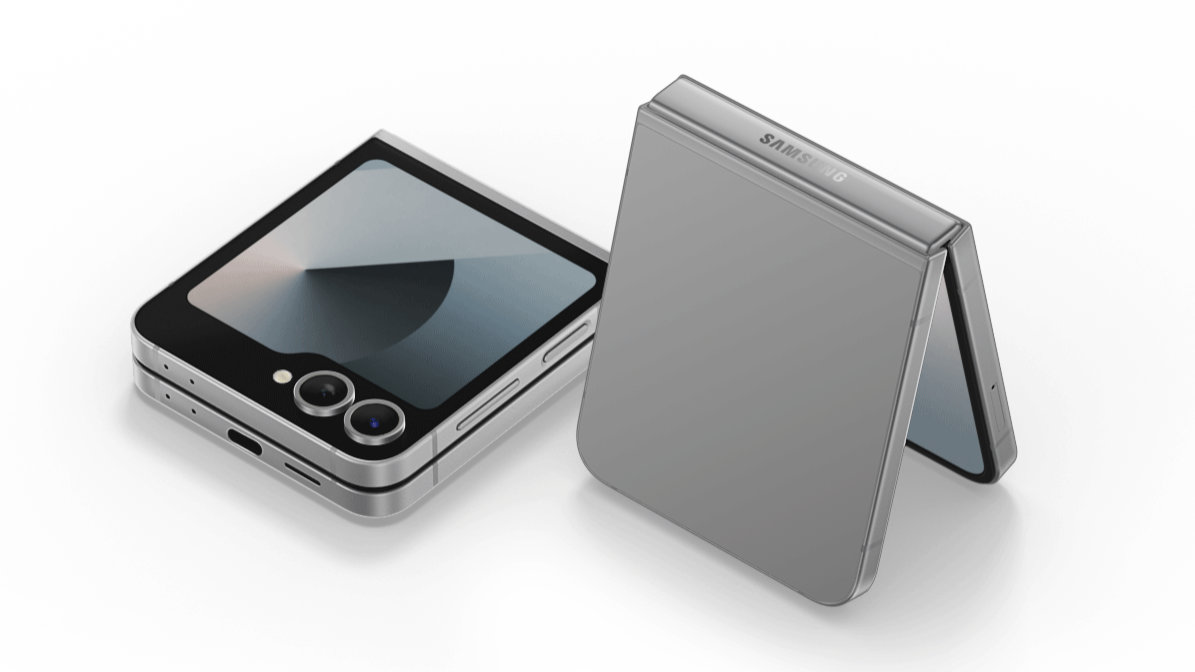 A Samsung Galaxy Z Flip 6 in Silver Shadow