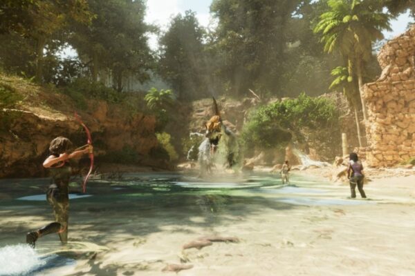 Ark: Survival Ascended players fighting a dinosaur.