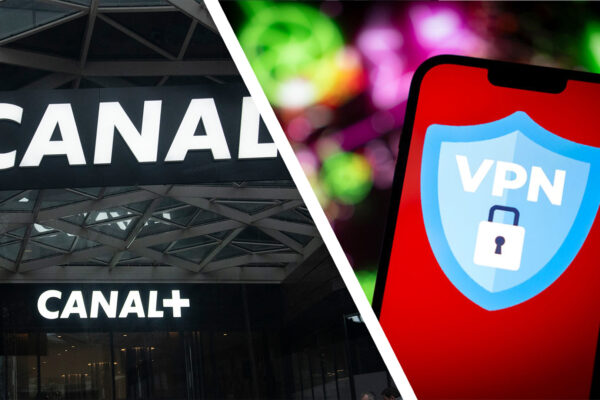 Canal Plus logo office facade building, in Issy les Moulineaux (France) on the left, VPN logo on a smartphone