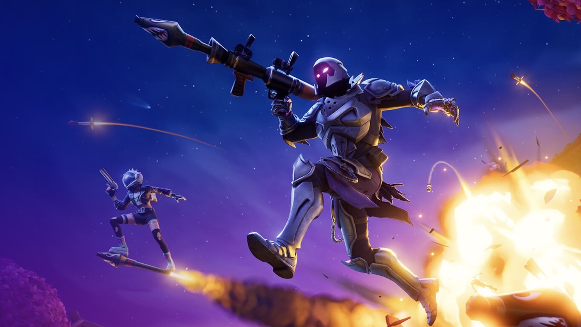 Fortnite characters jump away from an explosion, as rockets soar in the background