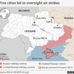 Map showing five cities in regions in Ukraine hit by Russian air strikes on Thursday night – Kyiv, Chernihiv, Sumy, Kharkiv and Kryvyi Rih . It also shows Russia’s current military control and advances in Ukraine mostly in the east and south of the country.
